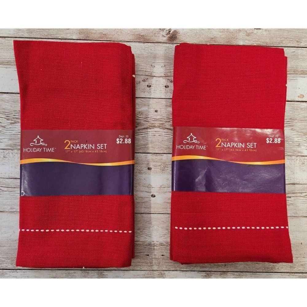 Holiday Time Red White Line 100% Cotton Fabric Napkin Set Pack of 4 17" x 17"